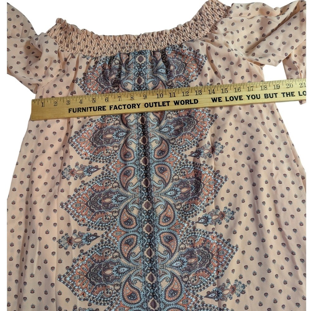 Luxology Boho Peach Paisley Off-the-Shoulder Lined Mini Dress - Size 8 - Picture 8 of 15